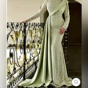 Modest Green Custom long sleeve long dress with side skirt